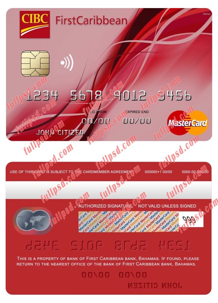 Bahamas FirstCaribbean International bank mastercard psd template
