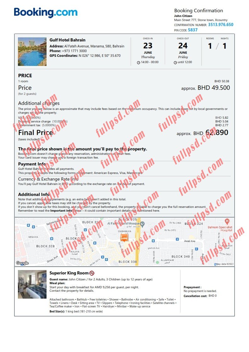 download Bahrain hotel booking Confirmation pdf and word template