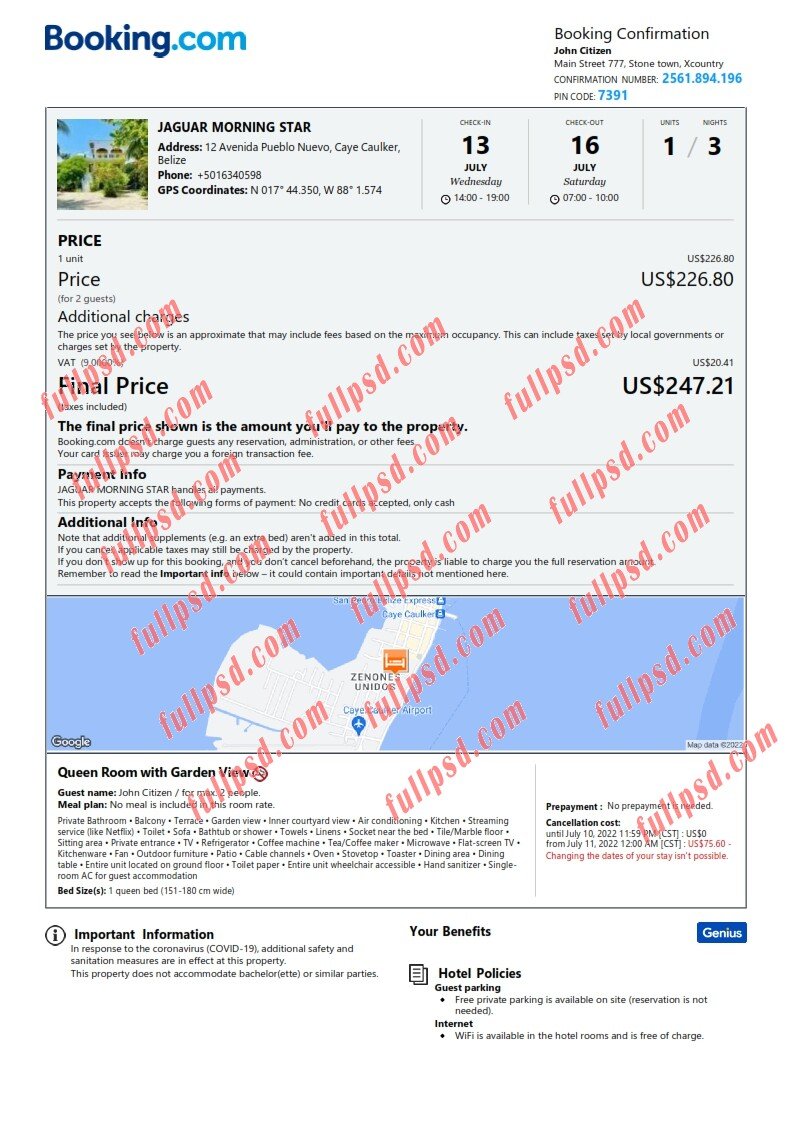 download Belize hotel booking Confirmation pdf and word template