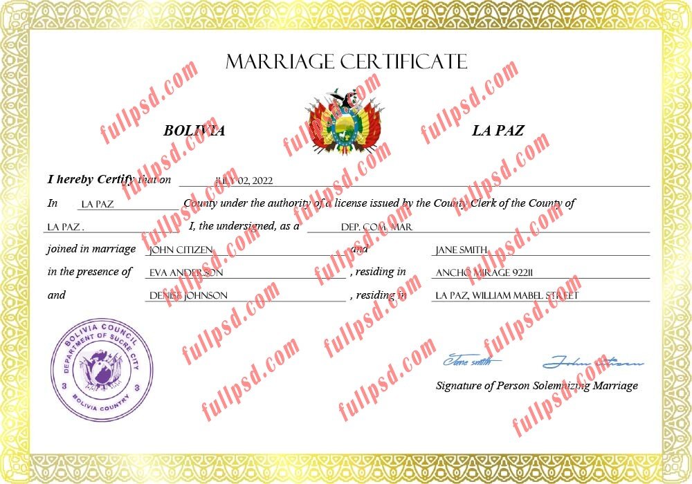 download Bolivia marriage certificate pdf and word template