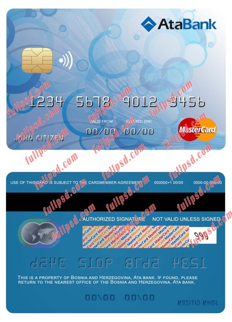 Bosnia and Herzegovina Ata bank mastercard psd template