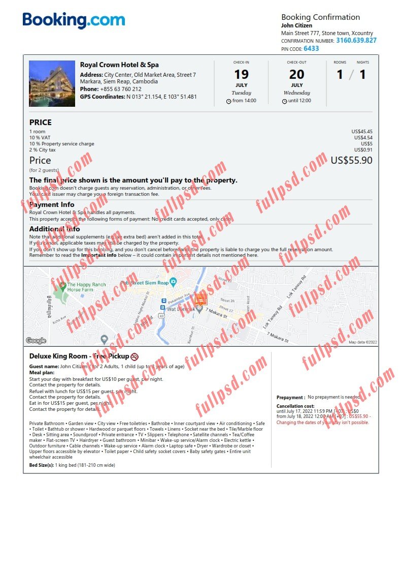 download Cambodia hotel booking Confirmation pdf and word template