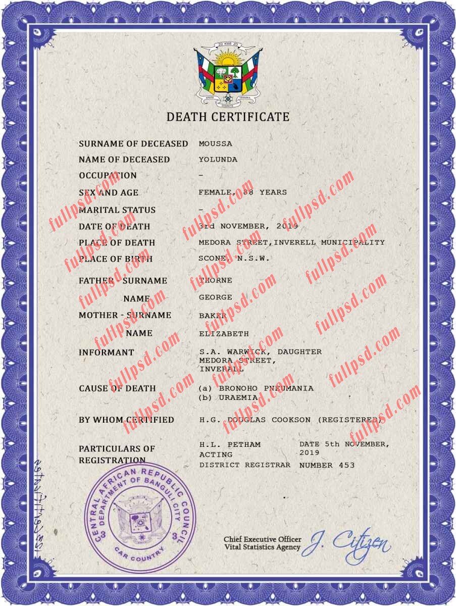 download Central African Republic death certificateifcate psd template