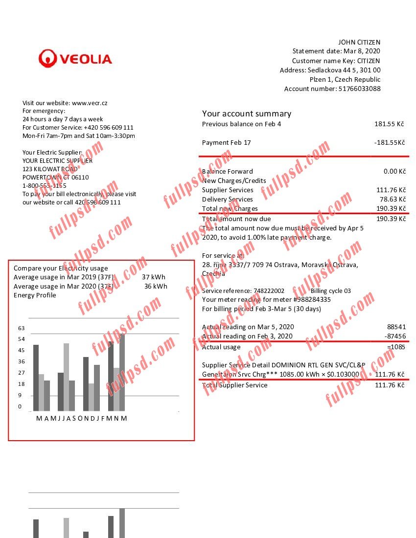 download Czech Veolia Energy Czech Republic energy utility bill pdf and word template