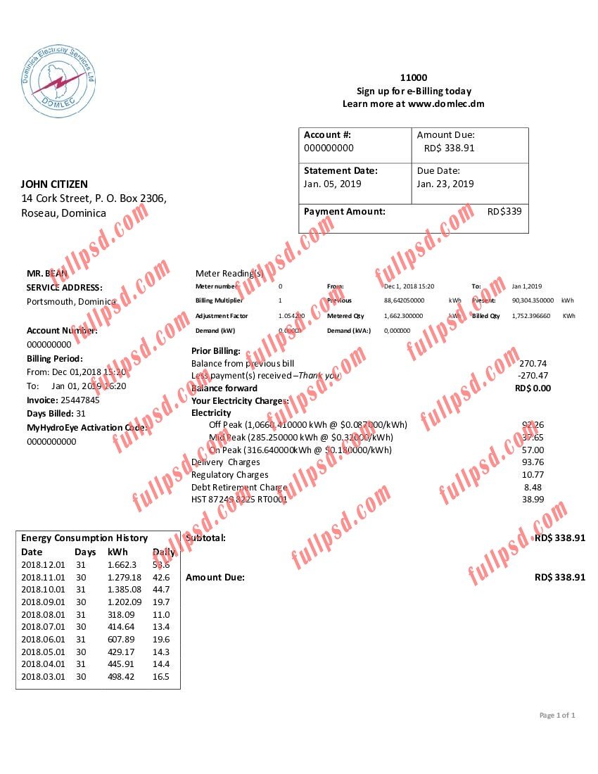 download Dominica Electricity Services Limited electricity utility bill pdf and word template
