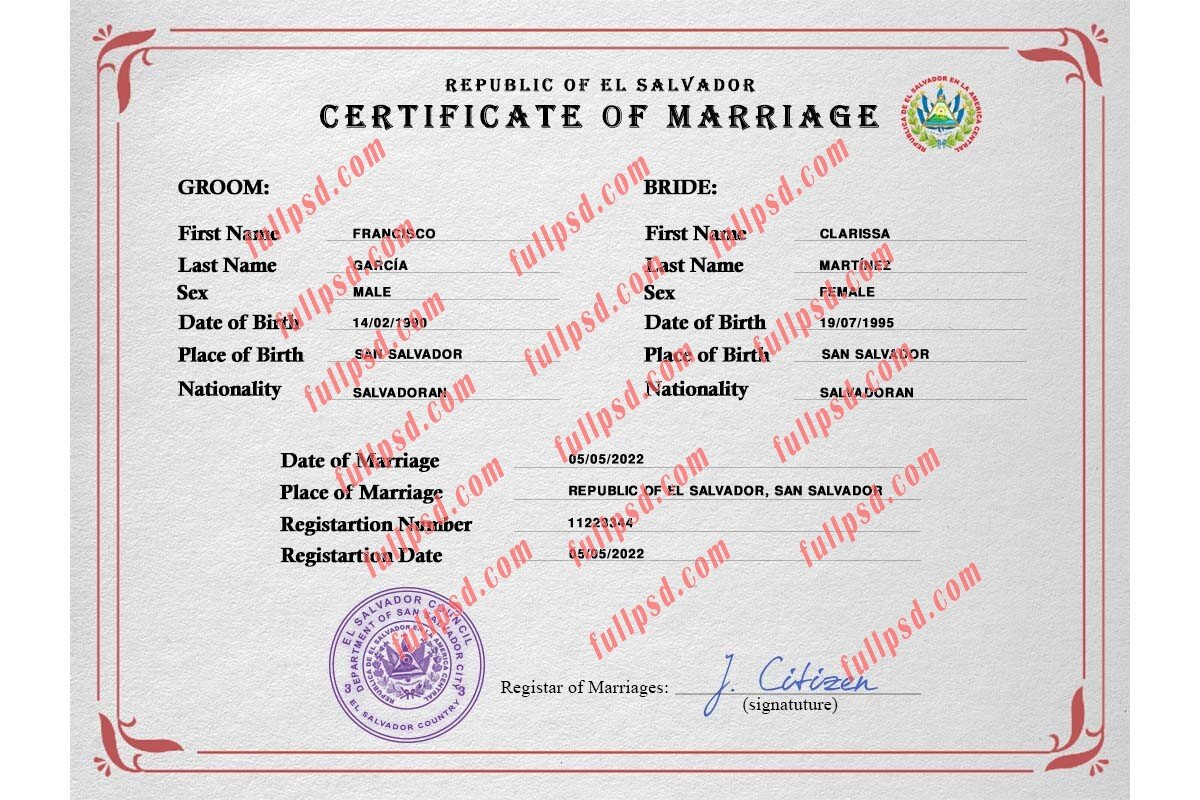 El Salvador marriage certificate psd photoshop template