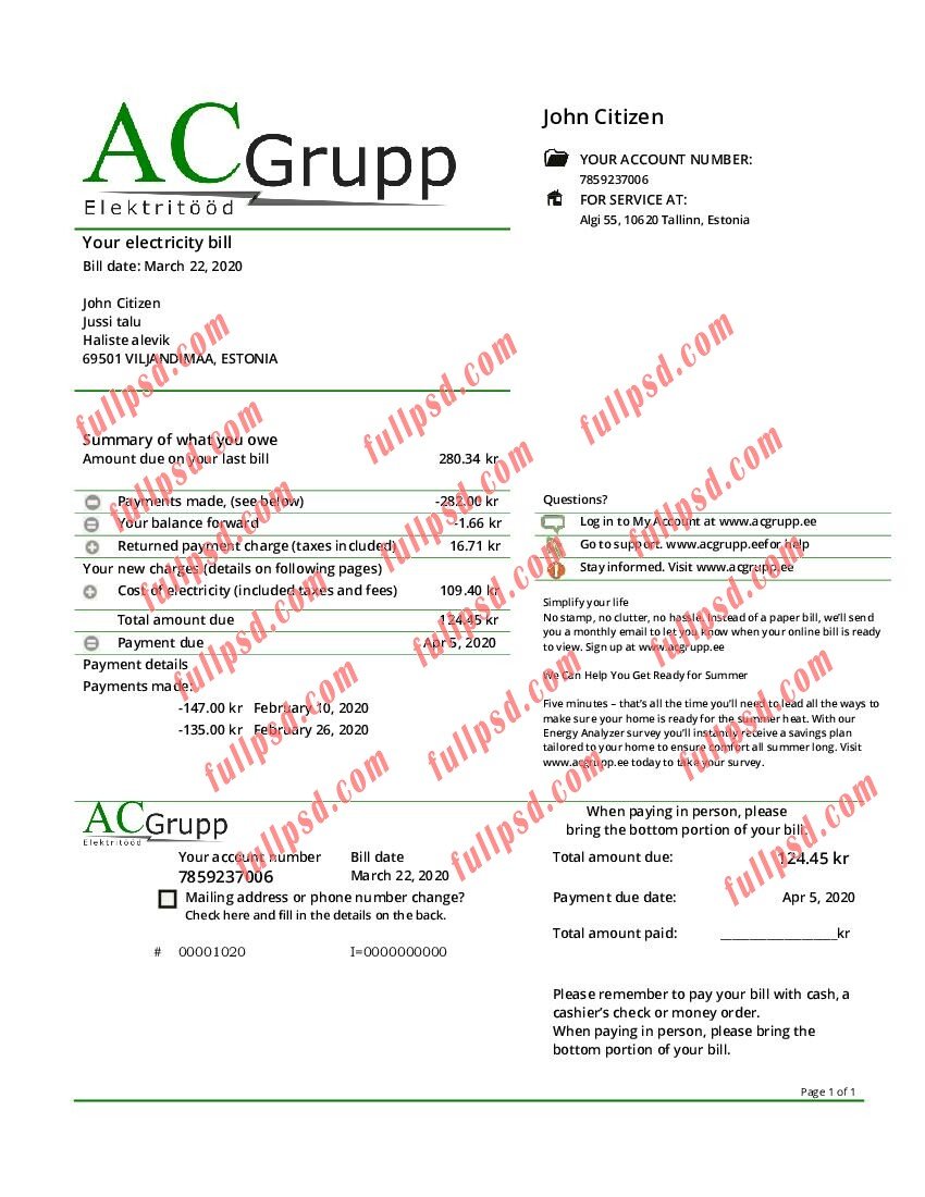download Estonia AC Grupp OU electricity utility bill pdf and word template
