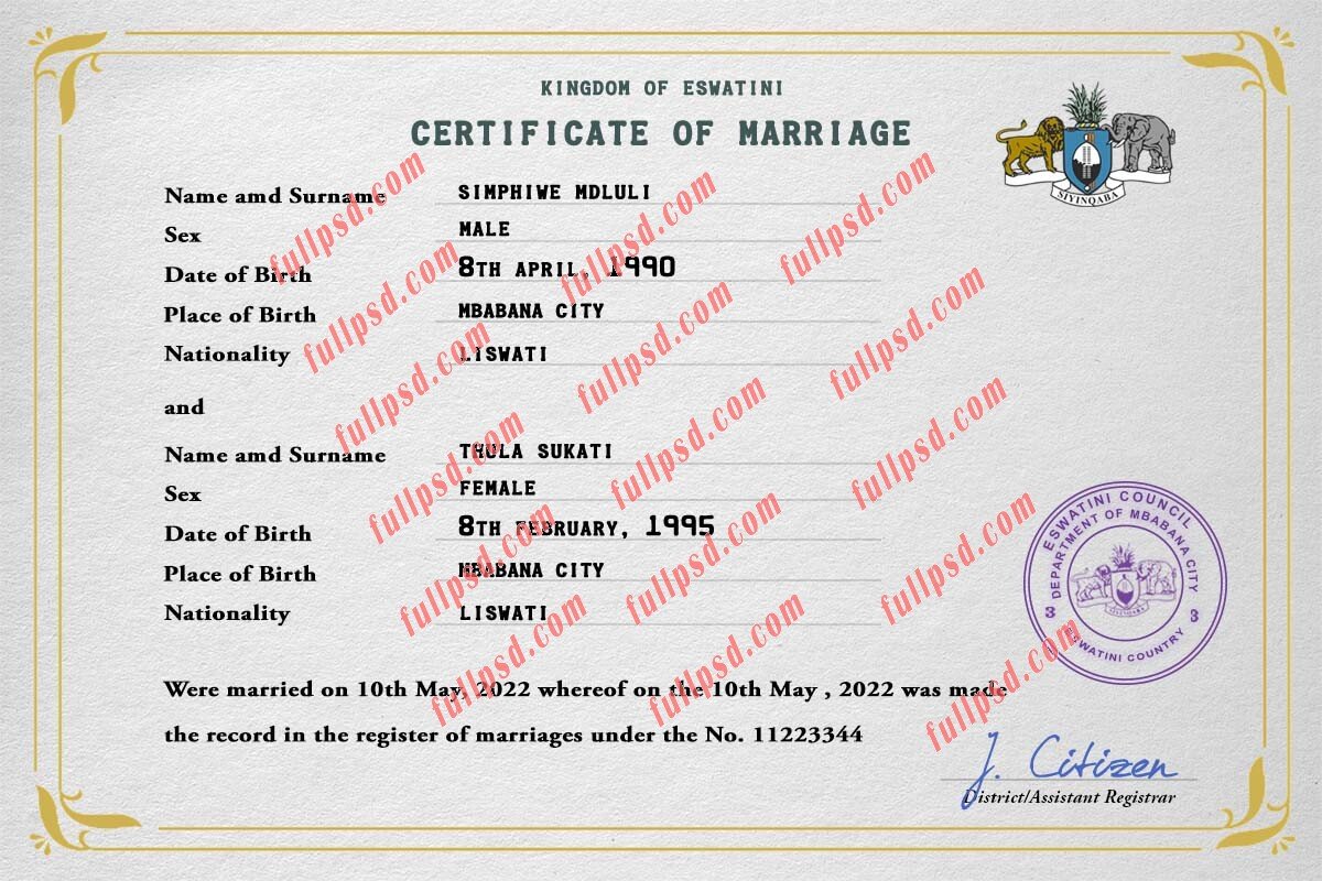 Eswatini marriage certificate psd photoshop template
