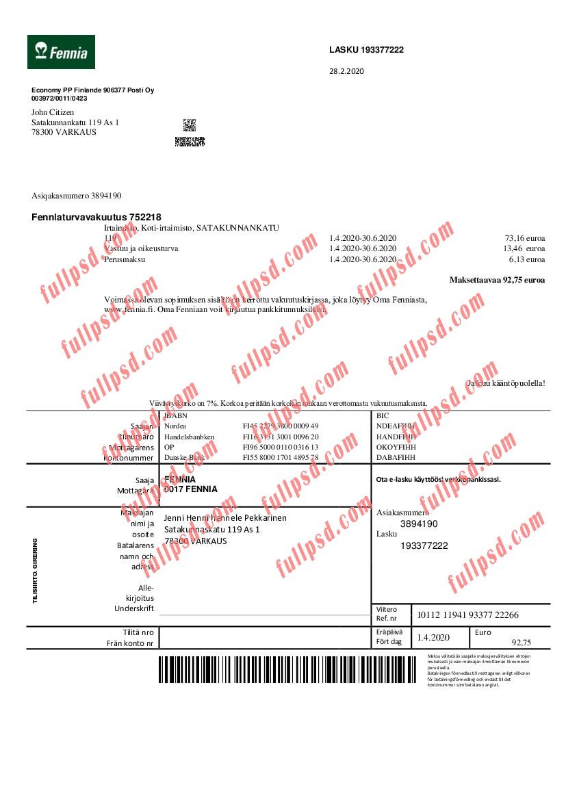 download Finland Fennia Insurance company utility bill pdf and word template