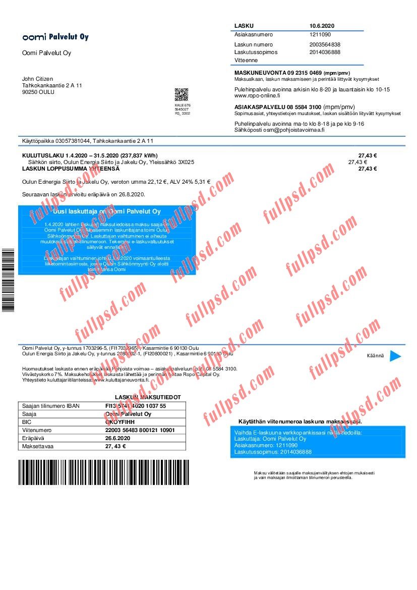 download Finland Oomi Palvelut Oy electricity utility bill pdf and word template