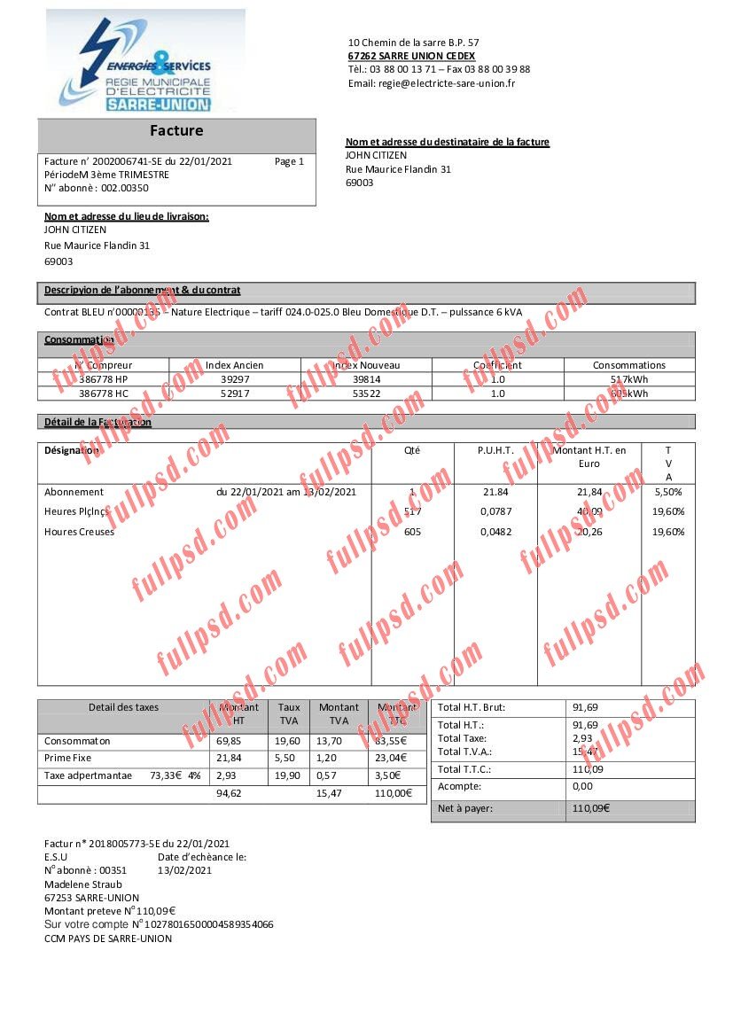 download France Energies & Services Régie Municipal d’ Electricité Sarre-Union electricity utility bill pdf and word template