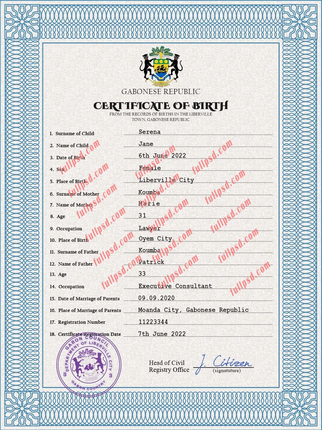 download Gabon Birth certificate PSD Template fully editable