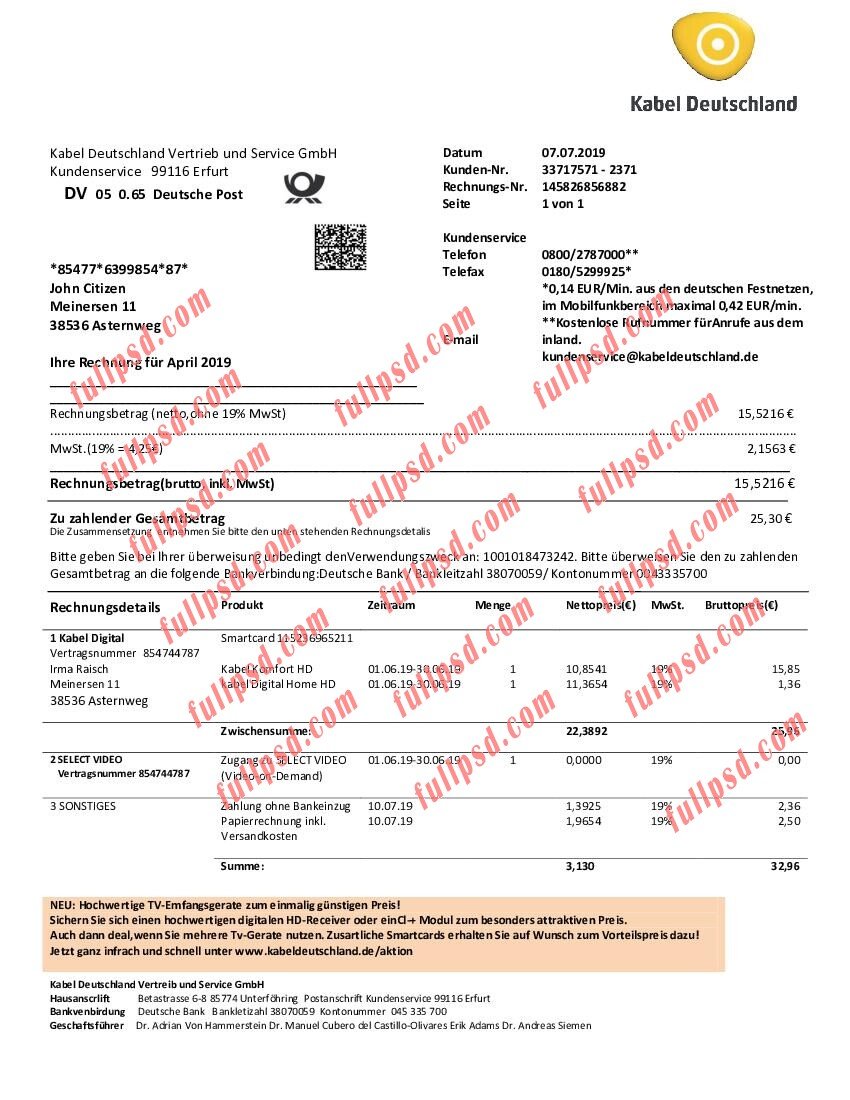 download Germany TV Cabel utility bill pdf and word template