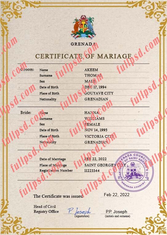 Grenada marriage certificate psd photoshop template
