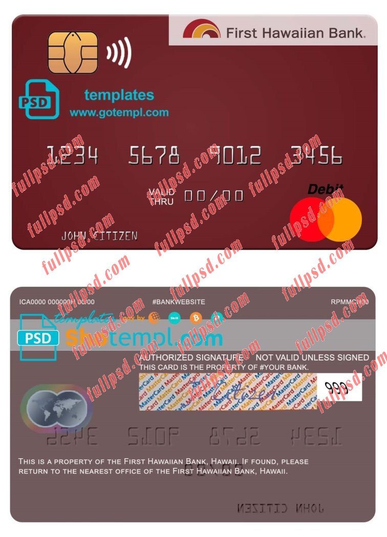 Hawaii First Hawaiian Bank mastercard psd template