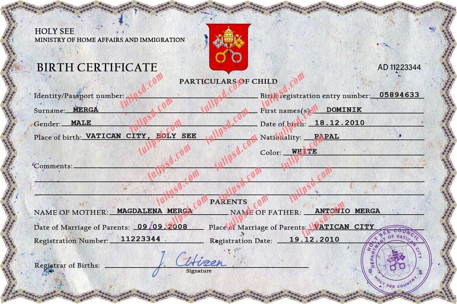 download Holy See Birth certificate PSD Template fully editable