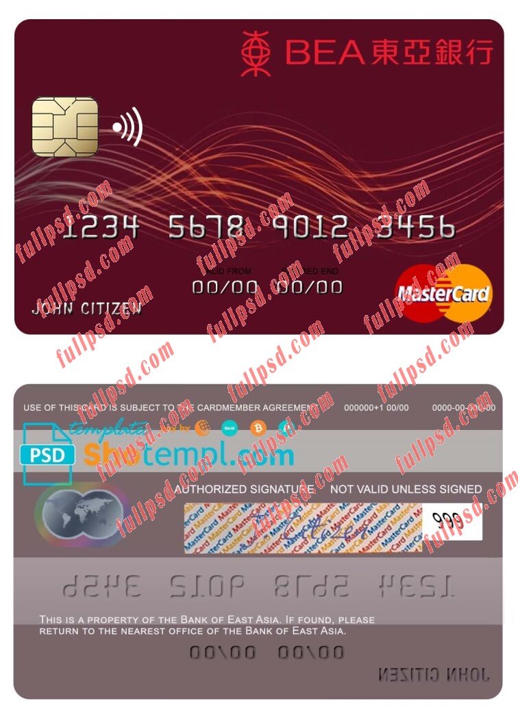 Hong Kong Bank of East Asia mastercard psd template