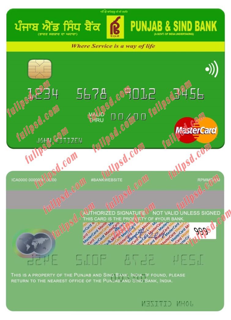 India Punjab and Sind Bank mastercard psd template