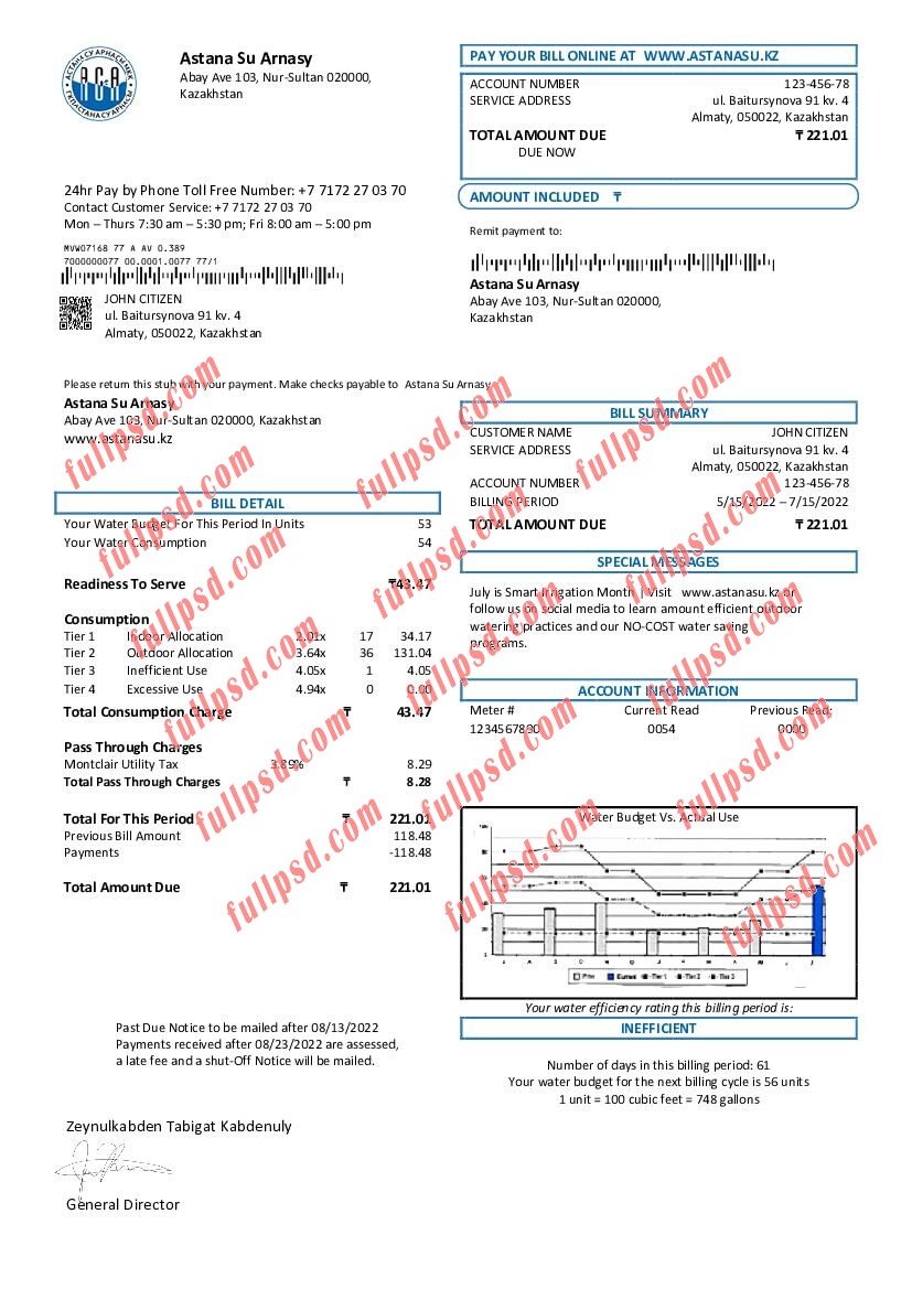 download Kazakhstan Astana Su Arnasy utility bill pdf and word template