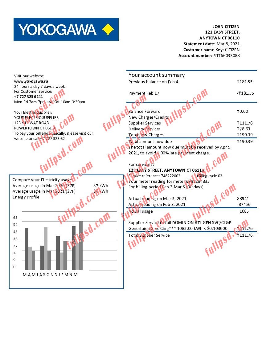 download Kazakhstan Yokogawa Electric Kazakhstan utility bill pdf and word template