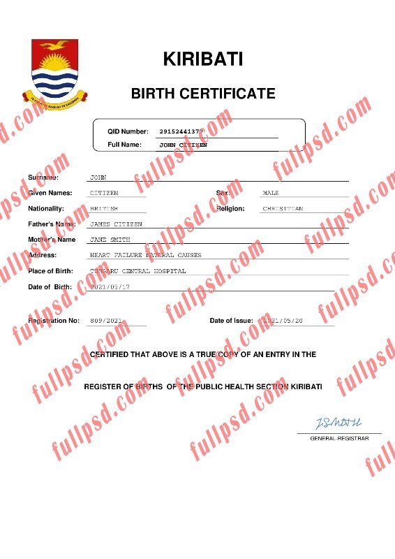 download Kiribati Birth certificate pdf and word template