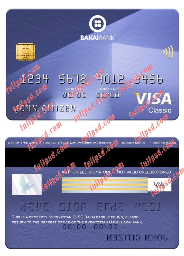 download Kyrgyzstan OJSC Bakai Bank visa classic card psd template