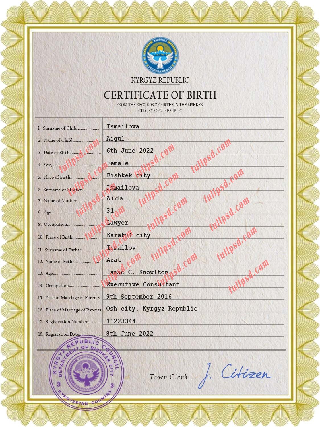 download Kyrgyzstan Birth certificate PSD Template fully editable