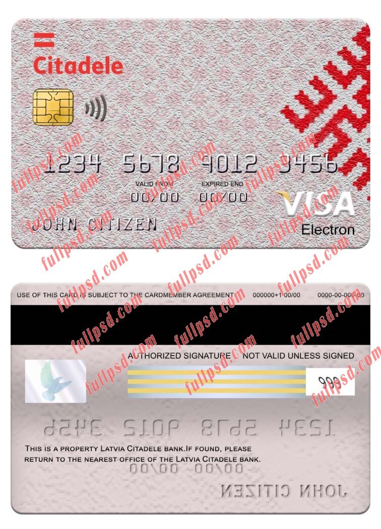 download Latvia Citadele bank visa electron card psd template