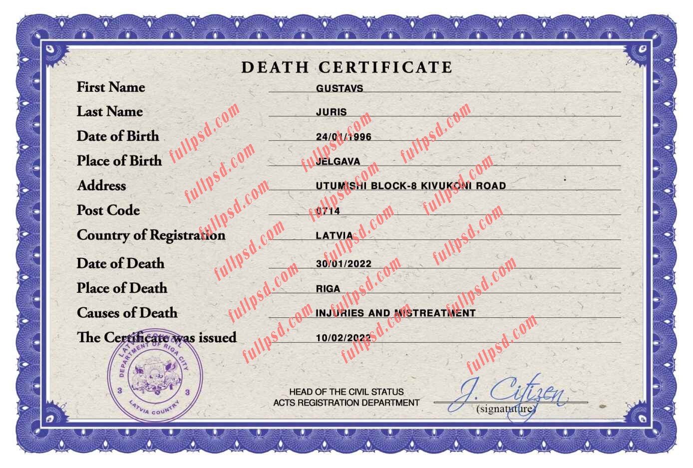 download Latvia death certificateifiacate V2 psd template