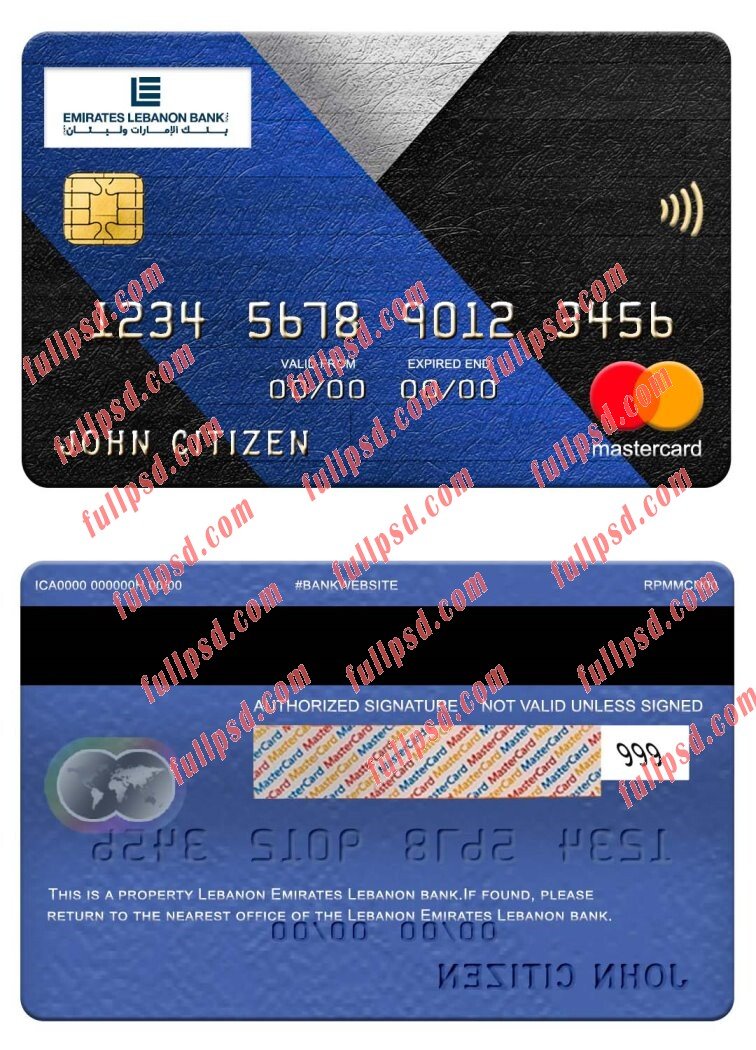 Lebanon Emirates Lebanon Bank mastercard psd template