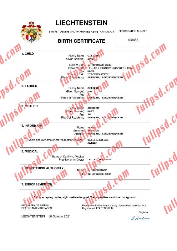 download Liechtenstein Birth certificate pdf and word template