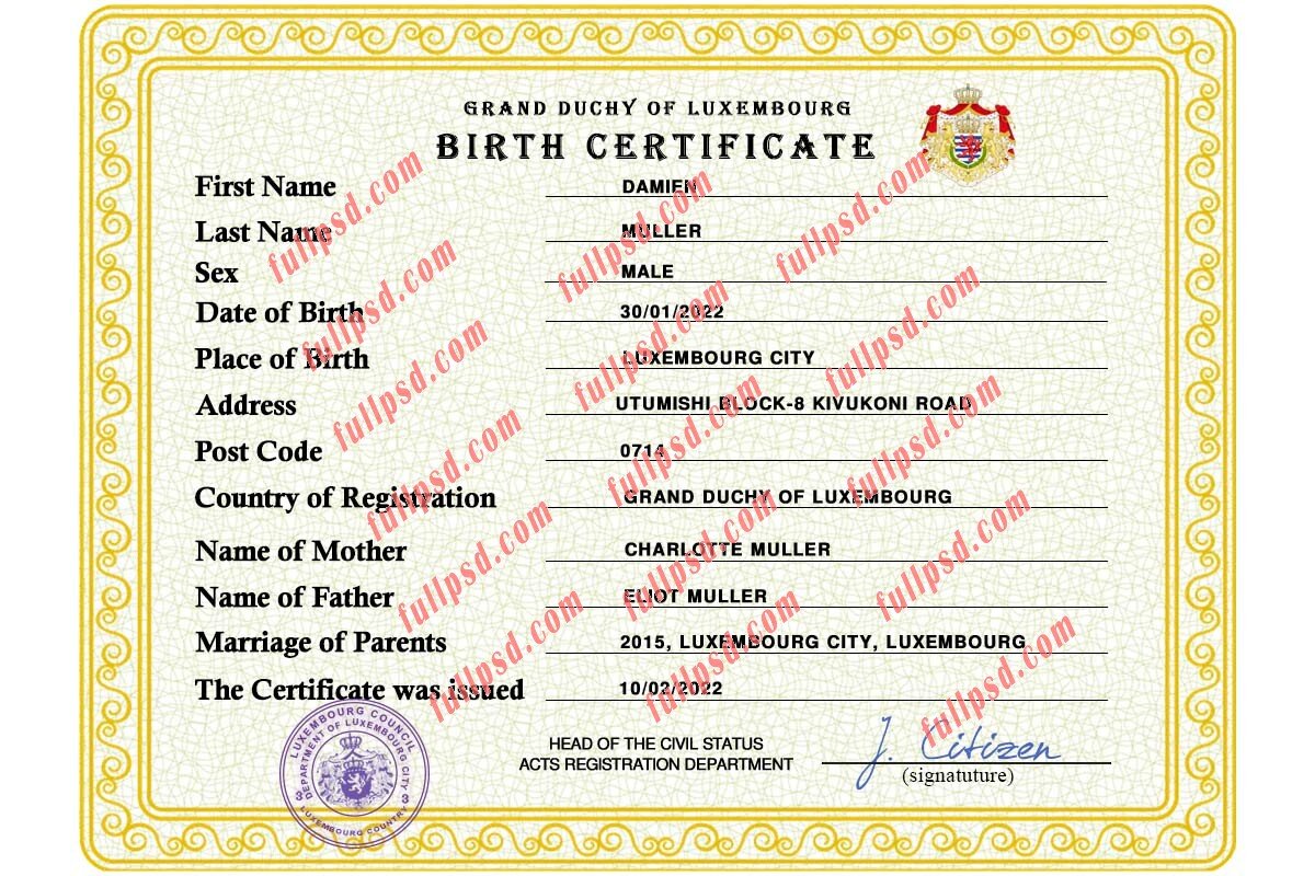 download Luxembourg Birth certificate PSD Template fully editable