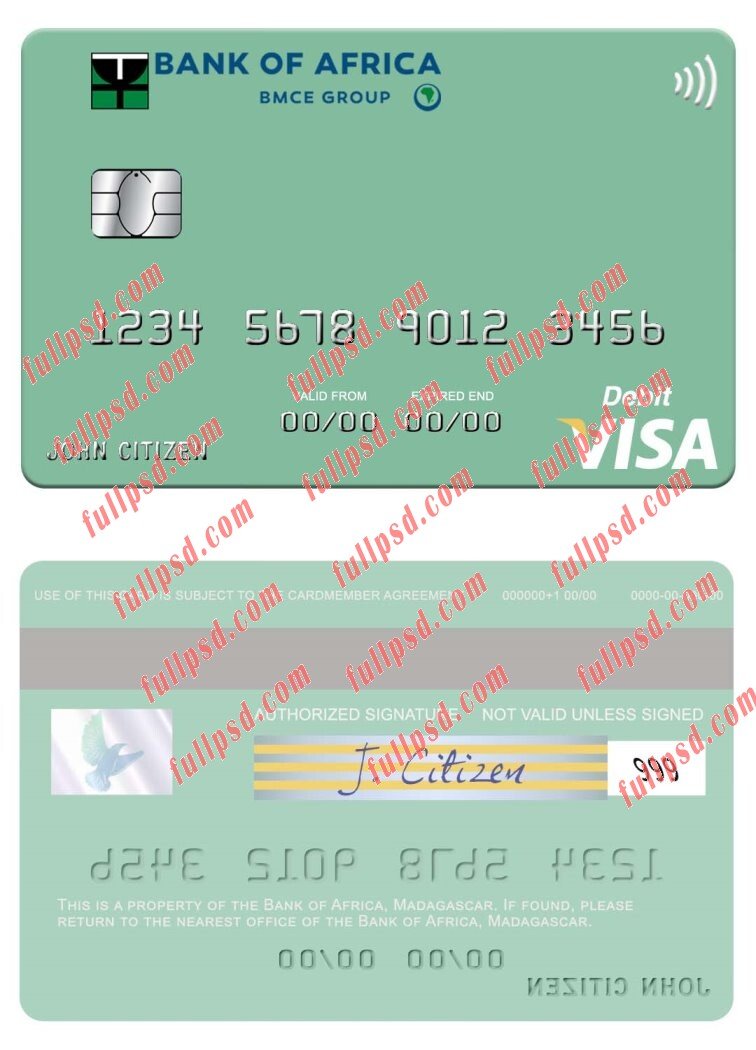download Madagascar Bank of Africa visa debit card psd template