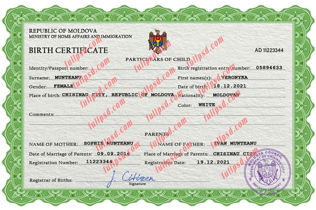 download Moldova Birth certificate V2 PSD Template fully editable
