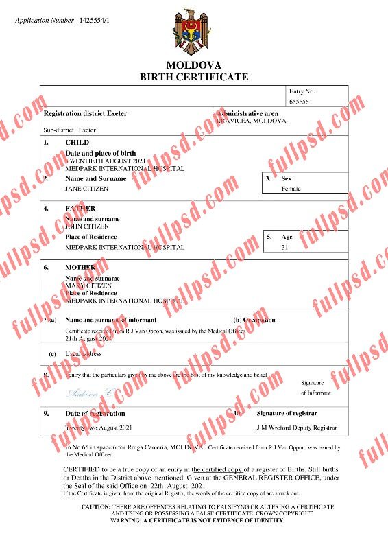 download Moldova Birth certificate pdf and word template