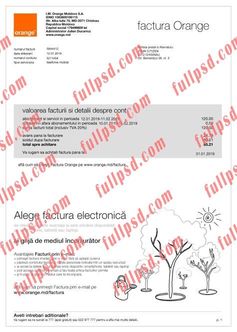 download Moldova orange factura PSD utility bill PSD template