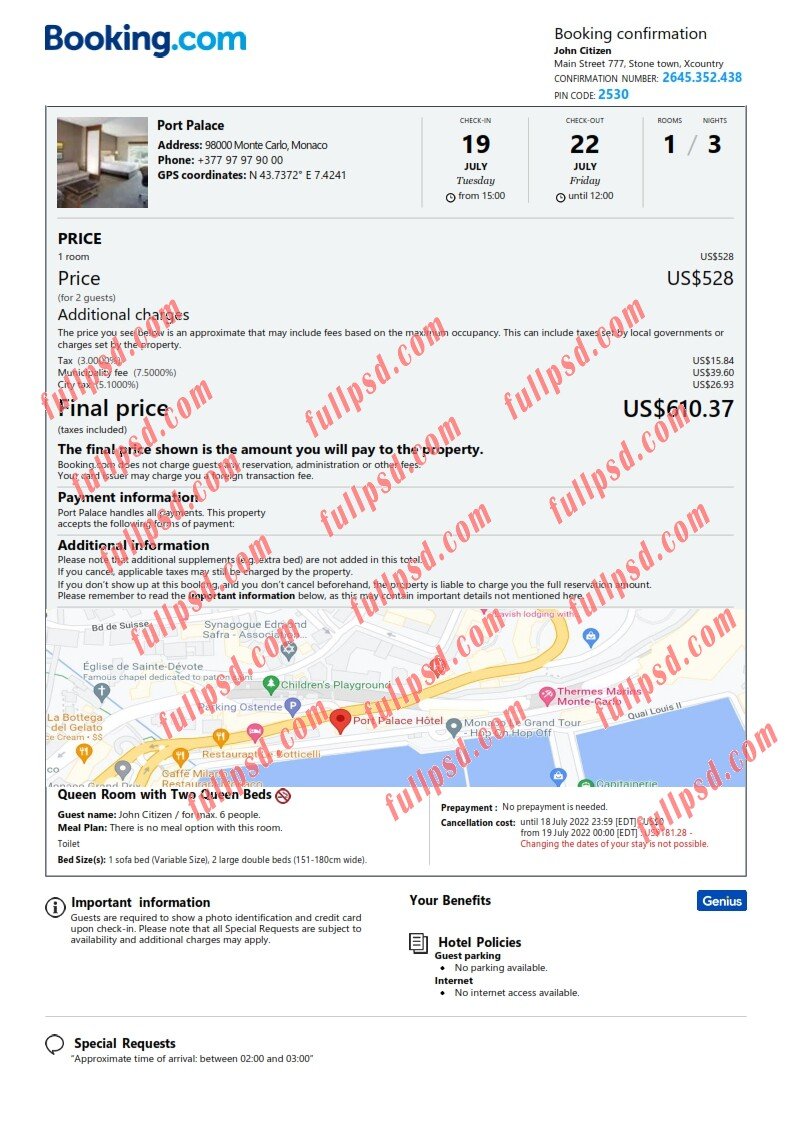 download Monaco hotel booking Confirmation pdf and word template