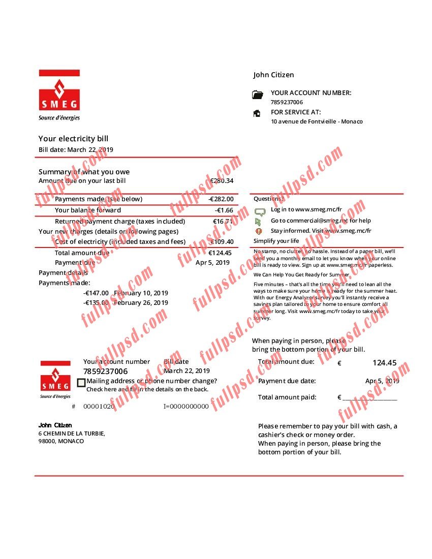 download Monaco SMEG electricity utility bill pdf and word template