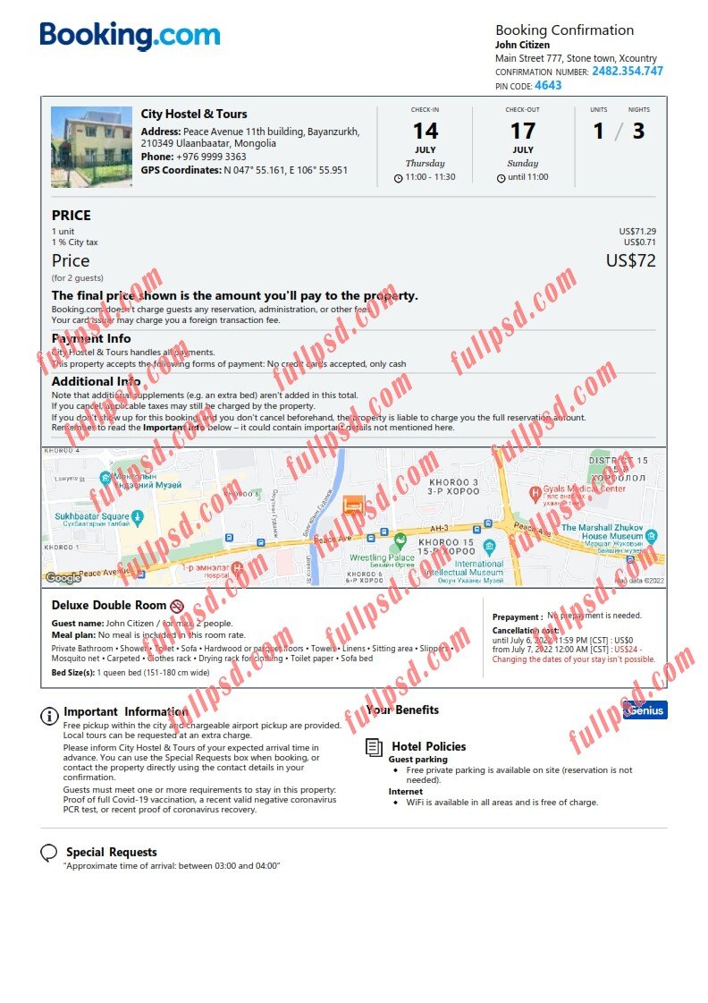 download Mongolia hotel booking Confirmation pdf and word template