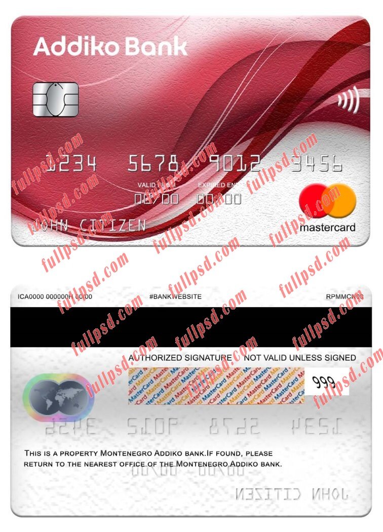 Montenegro Addiko Bank mastercard psd template