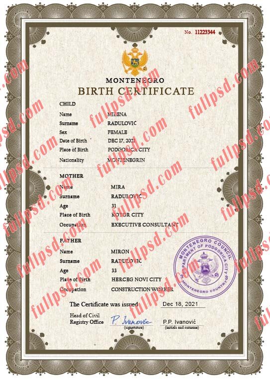 download Montenegro Birth certificate PSD Template fully editable