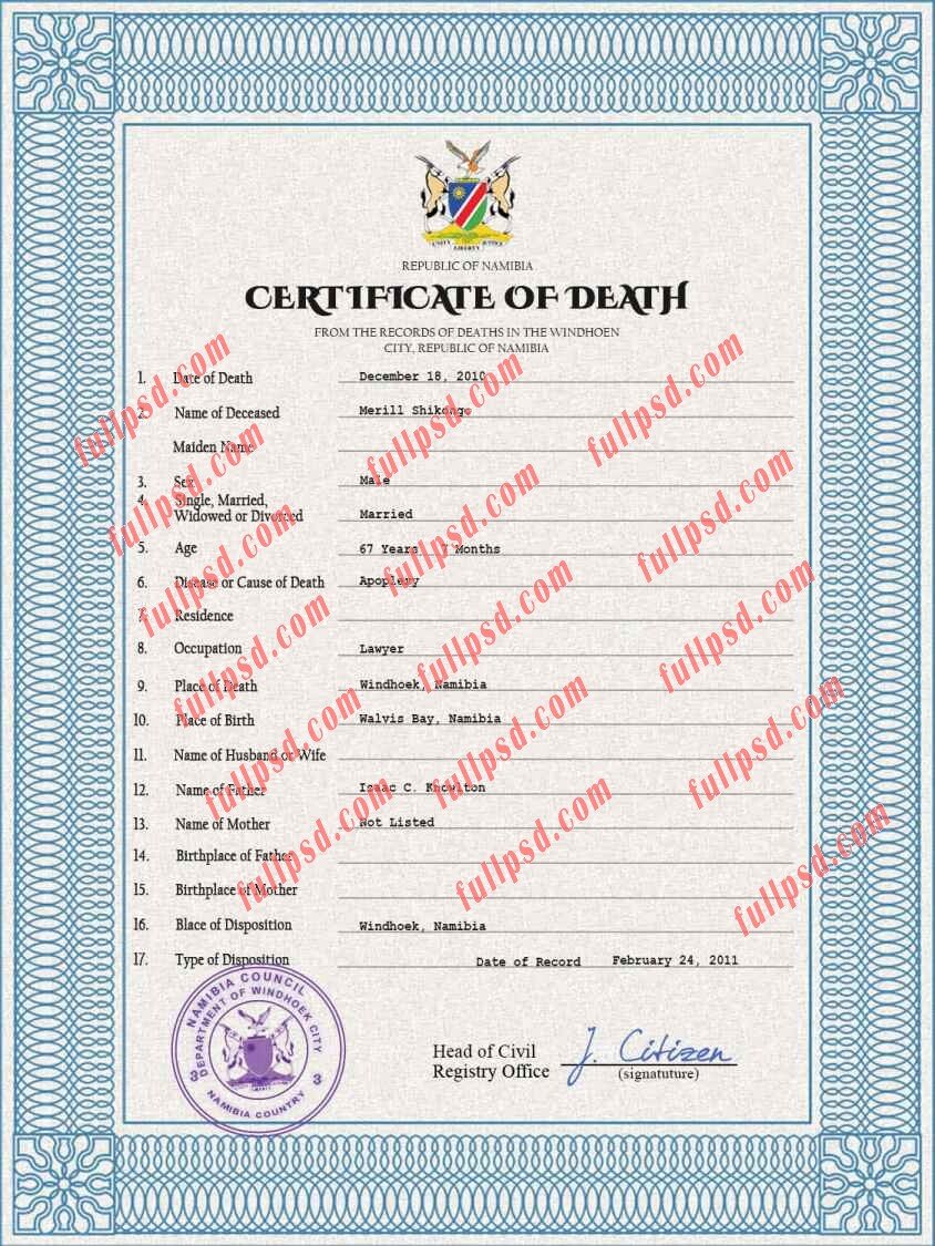 download Namibia death certificate psd template