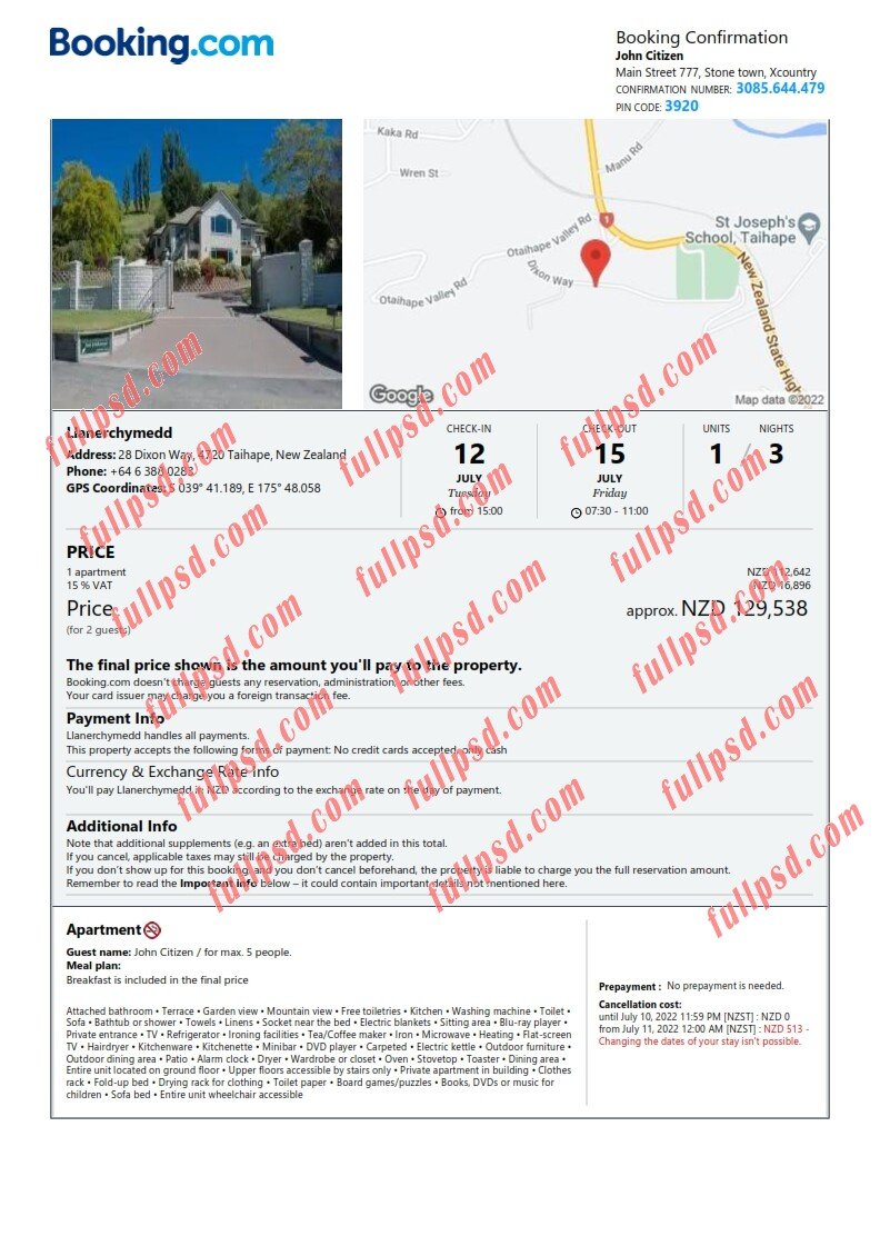 download New Zealand hotel booking Confirmation pdf and word template
