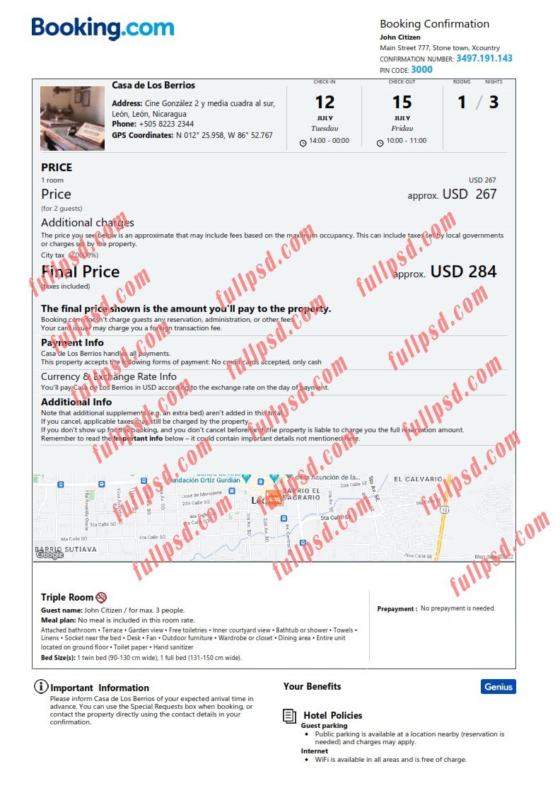download Nicaragua hotel booking Confirmation pdf and word template
