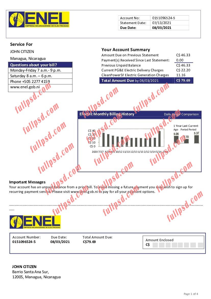 download Nicaragua nicaraguan electricity company enel electricity utility bill pdf and word template