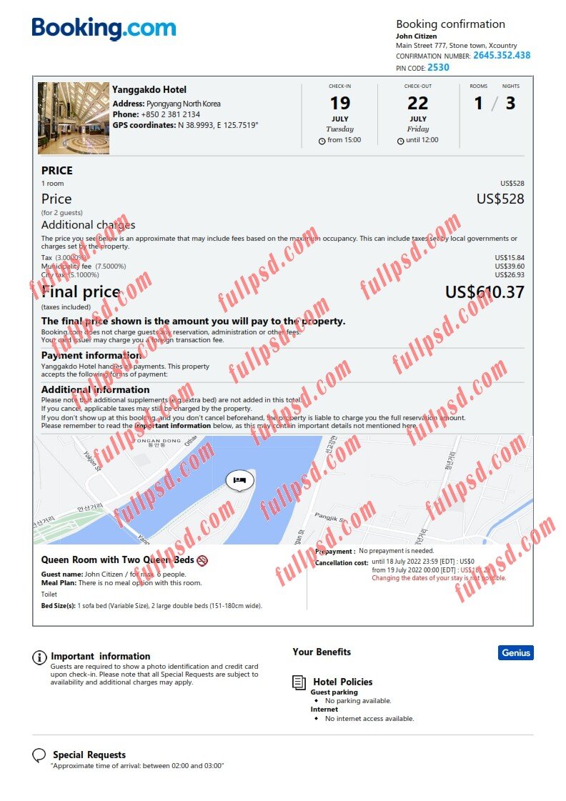 download North Korea hotel booking Confirmation pdf and word template