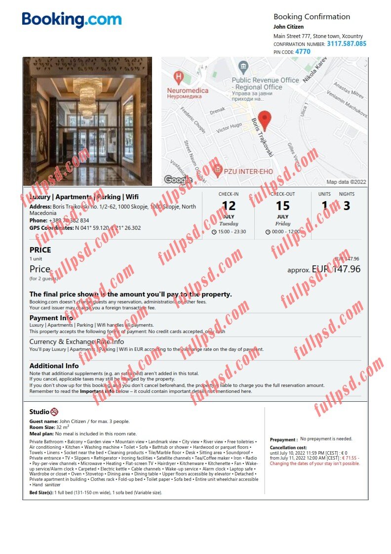 download North Macedonia hotel booking Confirmation pdf and word template