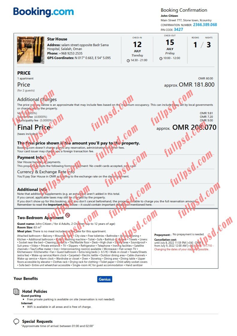 download Oman hotel booking Confirmation pdf and word template