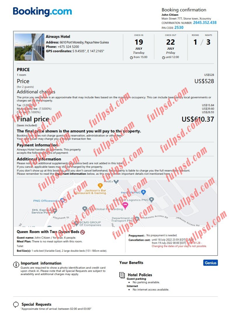 download Papua New Guinea hotel booking Confirmation pdf and word template