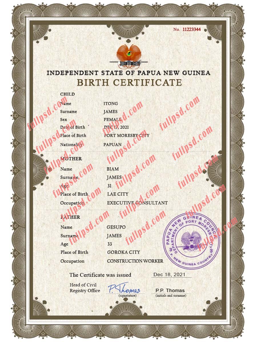 download Papua New Guinea Birth certificate PSD Template fully editable